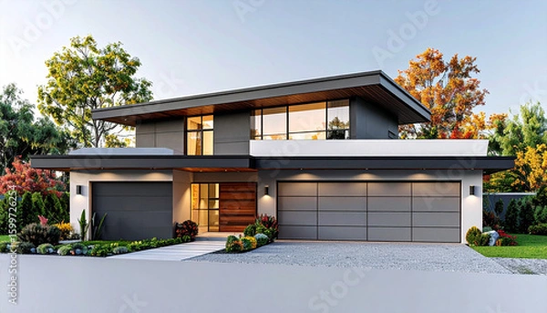 Fototapeta Modern Architectural Marvel: A captivating two-story house showcases modern design, with sleek lines, expansive windows, and a harmonious blend of materials, nestled amidst lush landscaping.