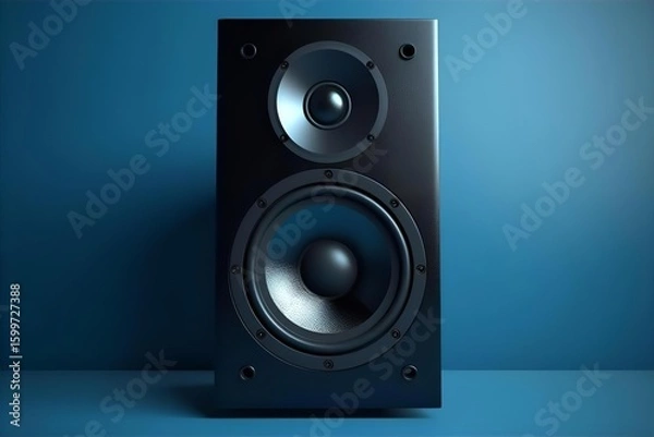 Fototapeta Black Bookshelf Speaker on Blue Background: High-Quality Audio Equipment for Home Listening, Modern Sound System, Hi-Fi Speaker Design