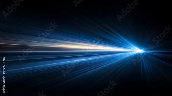 Fototapeta Dynamic burst of radiant white and blue light beams on deep black background, symbolizing energy, motion, and futuristic illumination with sharp contrast and glowing intensity.

