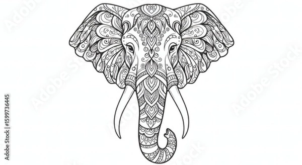 Fototapeta Stylized Decorative Elephant Head with Intricate Indian-Inspired Patterns and Ornaments – Symmetrical Vector Line Art, Peaceful Expression, Centered on White Background, Cultural and Elegant Design