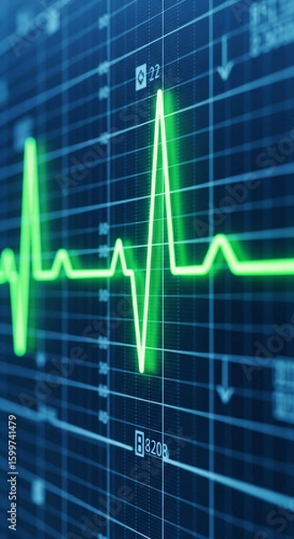 Fototapeta Vital Signs Display A Close-Up View of a Green Heartbeat Rhythm on a Monitor Screen