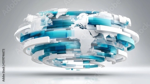Fototapeta Abstract 3D segmented globe with layered blue and white elements visualizing global data structure and digital world design, Generative AI