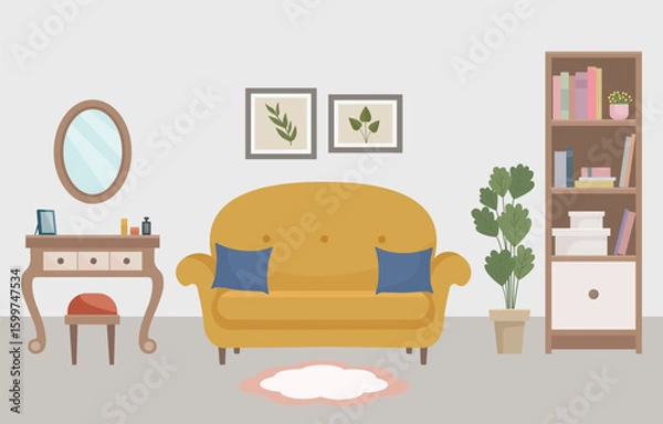 Fototapeta Stylish vector illustration of a cozy living room with a mustard sofa, dressing table with mirror, bookshelf, indoor plant and soft decor. Warm tones and minimalist Scandinavian design. Home design.