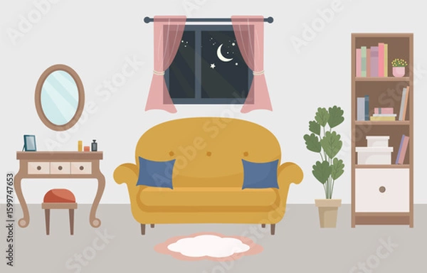 Fototapeta Cozy living room vector set with mustard sofa, dressing table, bookshelf and green houseplant. Window shows a peaceful night landscape with moonlight. Ideal for home decor, evening mood scenes