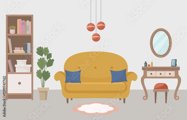 Fototapeta Stylish vector illustration of a cozy living room with a mustard sofa, dressing table with mirror, bookshelf, indoor plant and soft decor. Warm tones and minimalist Scandinavian design. Home design.