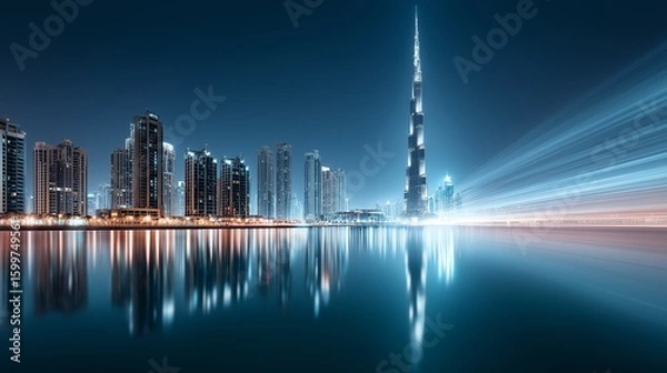 Fototapeta Futuristic night skyline of Dubai with light trails and glowing reflections over water showcasing modern architecture and urban energy, Generative AI