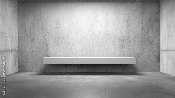 Fototapeta A minimalist concrete room showcases a floating white shelf against a smooth grey wall. Natural light fills the space, highlighting the clean lines and simple design.