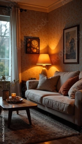 Fototapeta A warm, inviting glow illuminates a cozy living room scene, highlighting soft textures and comfortable furniture Perfect for themes of home, comfort, and relaxation , pillows, sofa