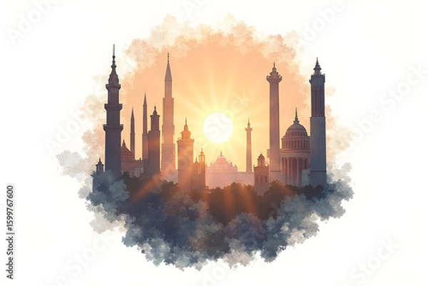 Fototapeta Cityscape at Sunset with Silhouette of Buildings and Radiant Light