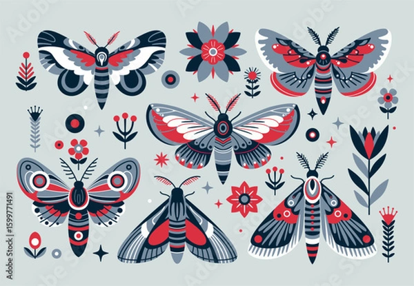 Fototapeta Decorative Moth and Butterfly Vector Illustration with Botanical Accents in Red, Black, White, and Gray Tones