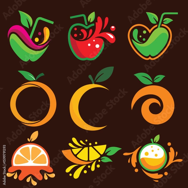 Obraz Refreshing fruit juice branding elements and icons