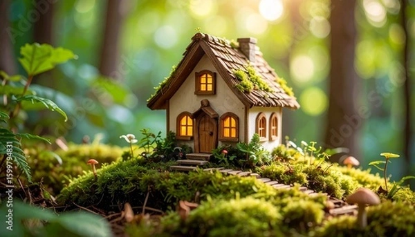 Obraz Magical fairy house nestled in a lush forest setting. Ideal for fantasy themes, children stories, enchanted nature scenes, fairy tales, and whimsical artwork