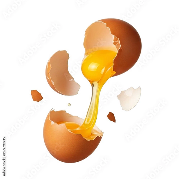 Fototapeta A brown egg cracks open with its bright yellow yolk and white spilling out, creating a dynamic culinary splash against a dark backdrop.
