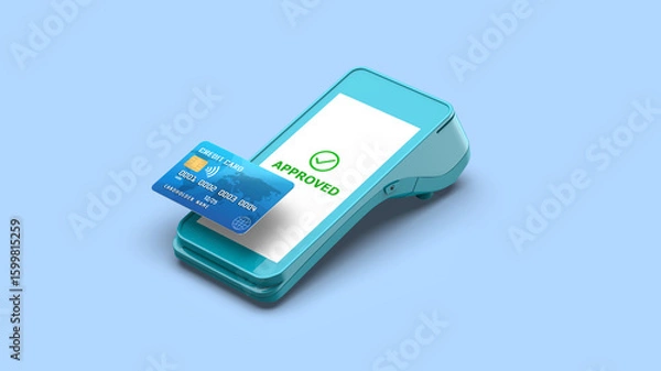Obraz Contactless Payment Device With Credit Card and Approved Transaction Screen, Pos terminal, NFC concept, 3D illustration