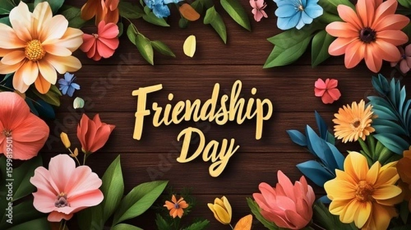 Fototapeta Greeting card design with  Friendship Day in elegant script surrounded by realistic flowers and leaves on wooden background.