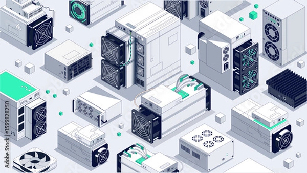 Fototapeta Modern crypto mining machines in isometric seamless pattern. Various mining rigs and GPU hardware for blockchain data processing