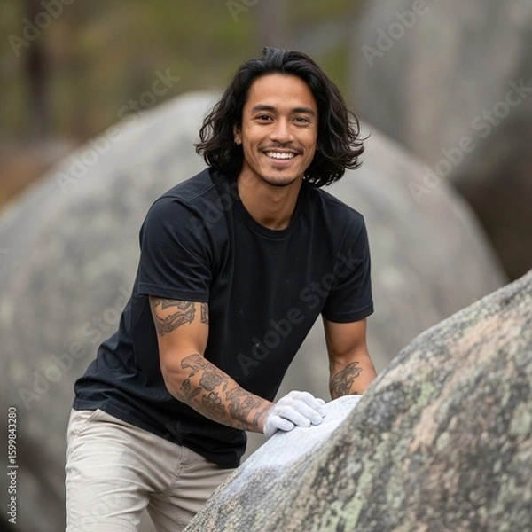 Fototapeta mixed race MAN rock climber SMILING. shoulder length hair. STANDING AGAINST boulder that he's about to climb. wearing a BLANK BLACK T-SHIRT.  athletic male, climbing gear, standing by boulder, scale