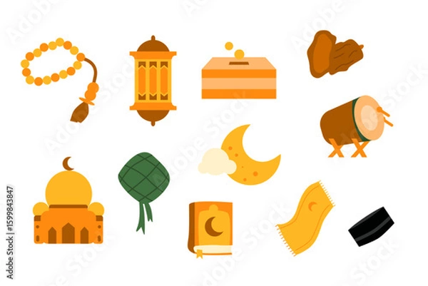 Fototapeta A colorful flat vector illustration set featuring various Islamic and Ramadan-related objects including tasbih, lantern, zakat box, dates, mosque, ketupat, Quran, moon, drum, prayer mat, and songkok. 