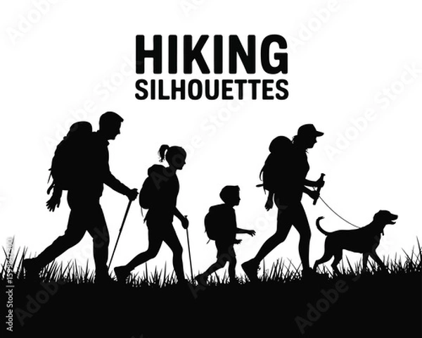Obraz Minimalist black silhouette of family hiking with dog and backpacks, featuring adults and child walking in line on grass with hiking poles and bold headline above