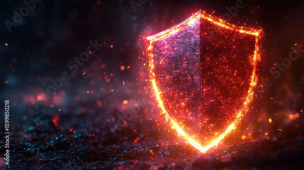 Fototapeta Glowing shield symbol representing cybersecurity with fiery effects and dark background