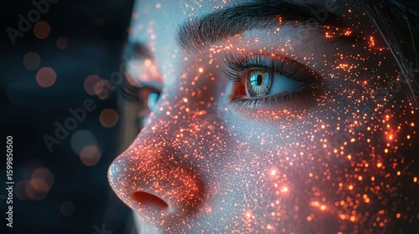 Fototapeta Close up of person face with cosmic, starry effect overlay, showcasing deep eyes and intricate