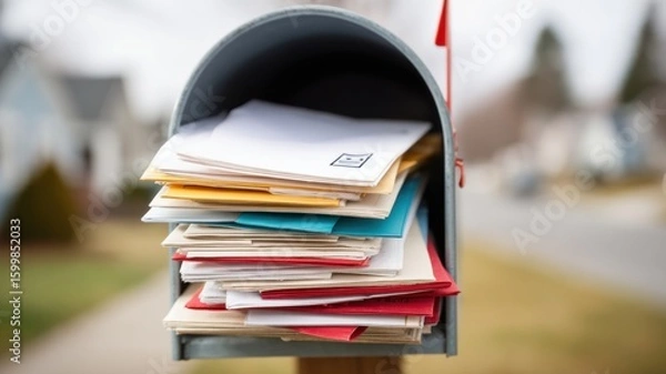Fototapeta Real estate foreclosure crisis Overflowing mailbox filled with colorful letters and documents.