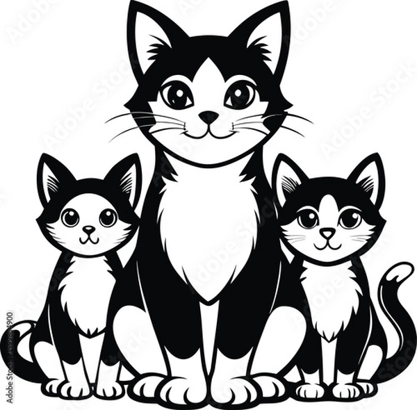 Fototapeta A charming collection of cartoon cat and dog animal character illustrations, featuring cute kittens, funny felines, and playful pups in various designs including black and white sets
