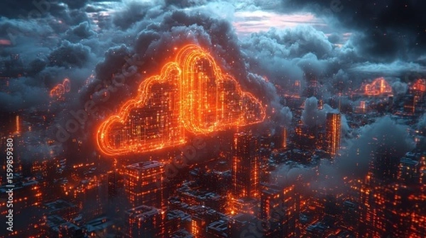 Obraz Futuristic Cityscape with Illuminated Cloud Computing Symbol