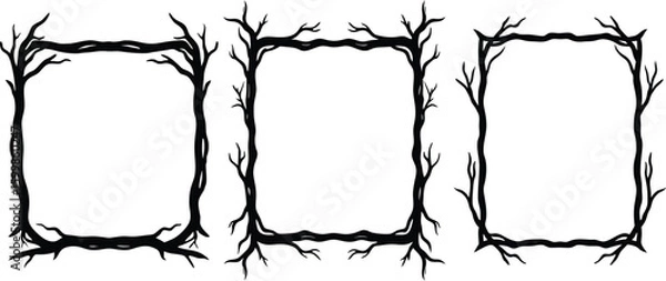 Obraz Vector art of three unique black and white square frames made from twisted tree branches and roots perfect for a spooky or rustic design