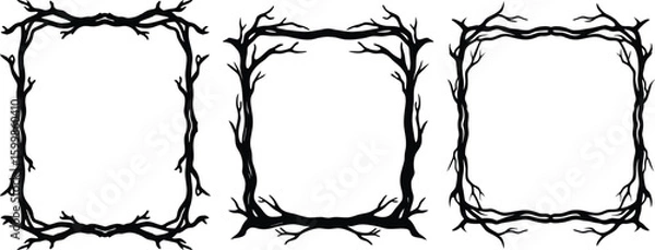 Obraz Vector art of three unique black and white square frames made from twisted tree branches and roots perfect for a spooky or rustic design