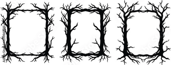 Obraz Vector art of three unique black and white square frames made from twisted tree branches and roots perfect for a spooky or rustic design