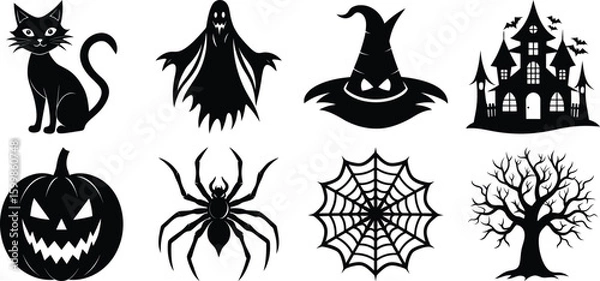 Fototapeta Vector art of a curated set of eight iconic halloween symbols including a black cat ghost witch hat haunted castle jackolantern spider