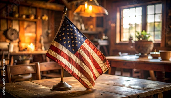 Fototapeta American Flag with Rustic Interior.