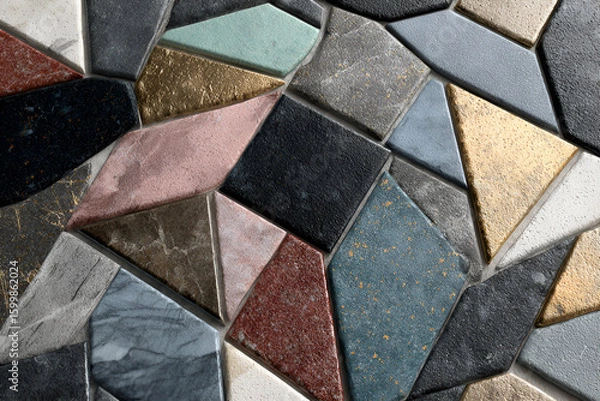 Fototapeta Mosaic Tiles with Geometric Pattern: A vibrant and detailed mosaic features an array of irregular geometric tiles, each displaying unique textures and colors