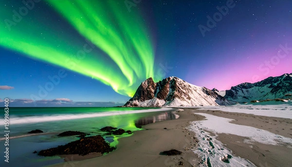 Fototapeta Aurora Borealis with Arctic Beach, and Night.