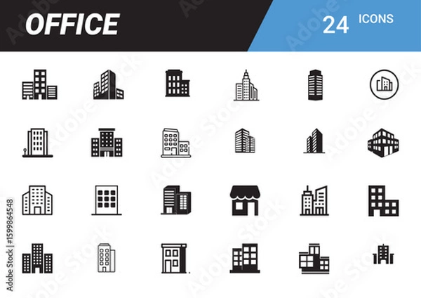 Fototapeta Office Icons: A collection of modern office building icons, presenting a sleek and professional design suitable for digital and print assets.