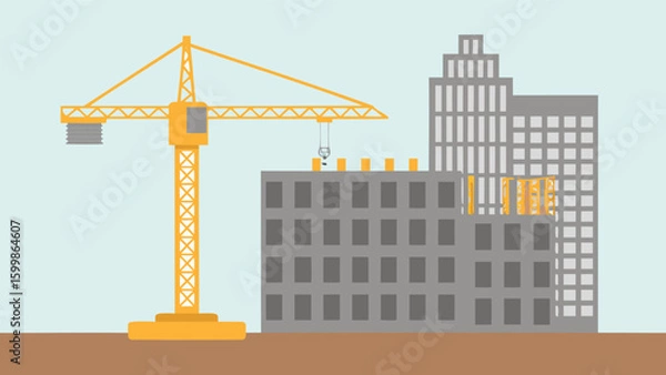Fototapeta Illustration of a yellow crane working on a gray building with skyscrapers in the background scene