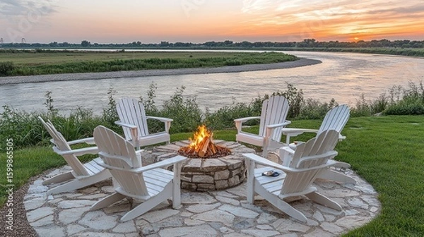 Obraz Serene Sunset Riverfront Fire Pit Gathering
