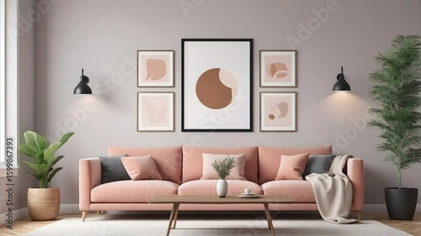 Fototapeta Frame mockup poster in home living room design, element interior 