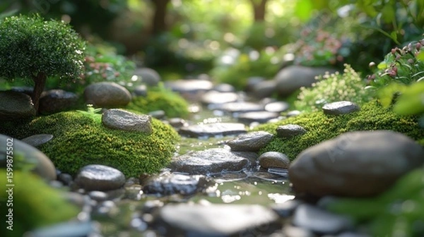 Fototapeta Peaceful stone path through a lush garden (1)