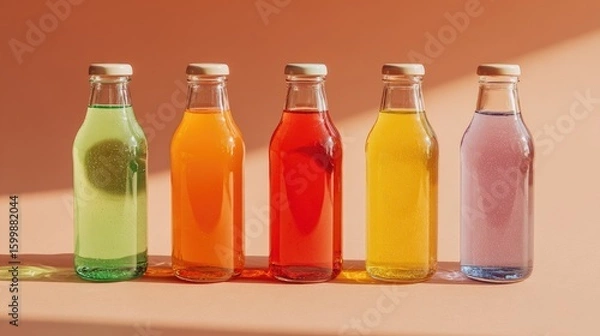 Obraz Colorful fruit juice bottles summer drinks fresh beverage assortment mockup
