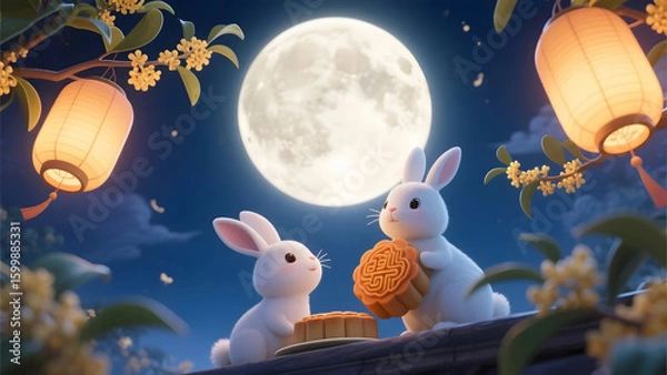 Fototapeta 3D illustration of Mid-Autumn Festival with mooncake, rabbit, and moon