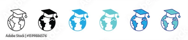 Fototapeta global graduation icon set. contain worldwide education, knowledge without borders, academic excellence across continents thin line and color style icon symbol sign. vector illustration