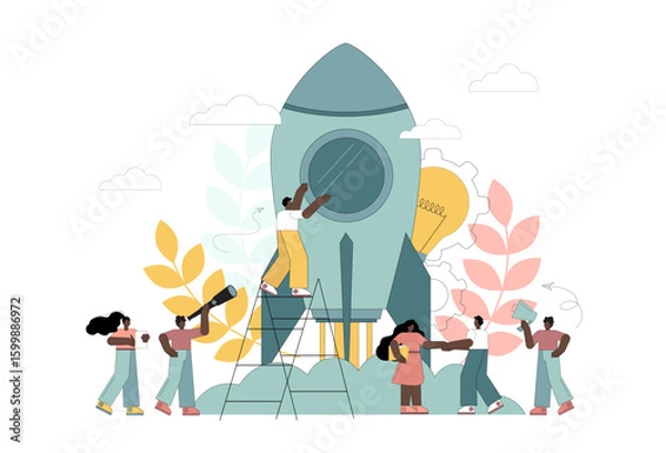 Fototapeta Business startup concept, teamwork. Little people launching rocket, startup. Vector flat illustration