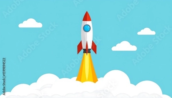 Fototapeta Rocket launching into a light-blue sky, surrounded by puffy white clouds