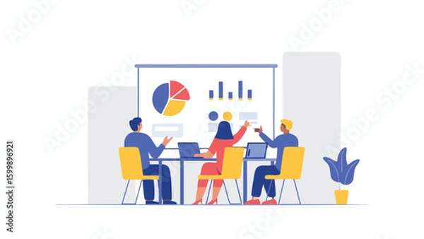 Fototapeta Illustration of three people in a business meeting with charts and graphs on a presentation screen
