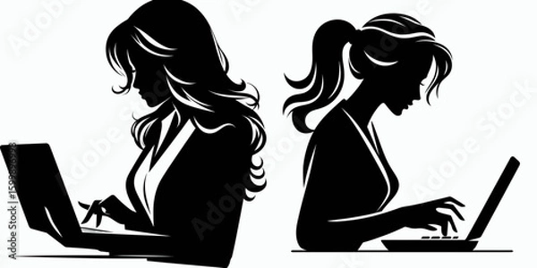 Fototapeta Business woman typing on laptop. Corporate Finance Cartoon Minimal Clipart Line Art Vector Illustration. Female professional working using notebook for job task at workplace.