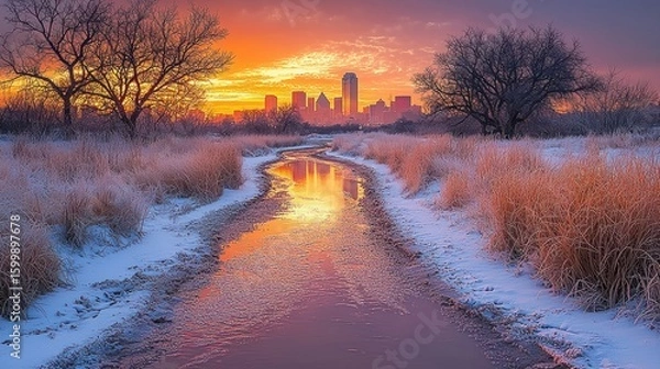 Obraz Dallas Skyline Winter Sunrise Reflection