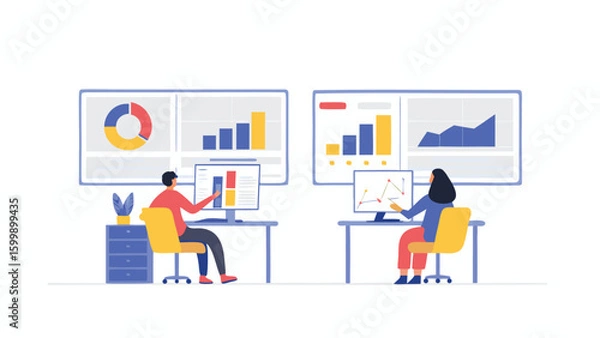 Fototapeta Two people analyzing data on computers with charts and graphs in a bright and modern office setting