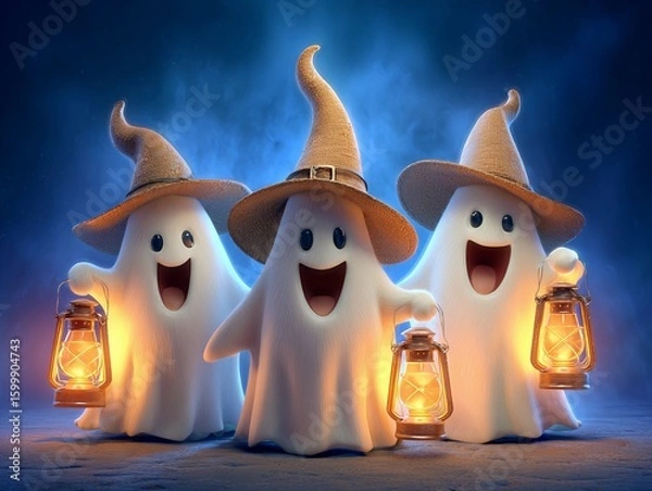 Fototapeta Adorable Halloween Ghosts with Witch Hats and Lanterns